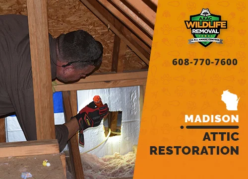 Wildlife Pest Control operator inspecting an attic in Madison before restoration